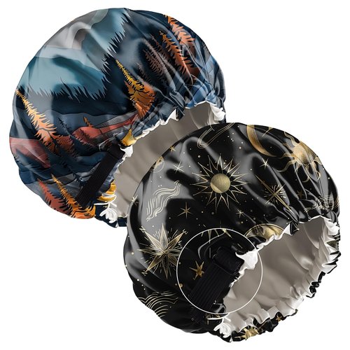 Deokke 2 PCS Bonnets for Women Girls Satin Hair Bonnet Silk Adjustable Elastic Double Layer Hair Wrap Sleep Cap Comfort Cute-Sun Moon Sunset