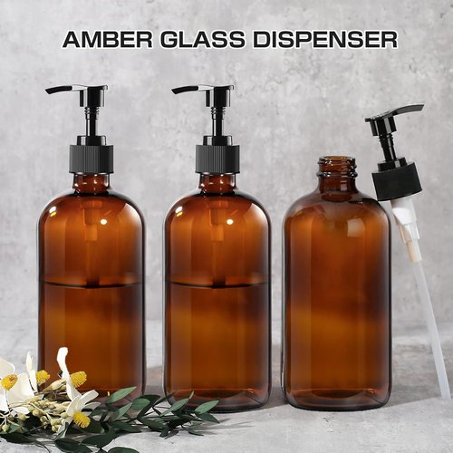 BPFY 4 Pack 8 oz Amber Glass Pump Bottles, Boston Round Bottles with Pumps for Lotion, Soap, Massage Oils, Refillable Containers with Caps