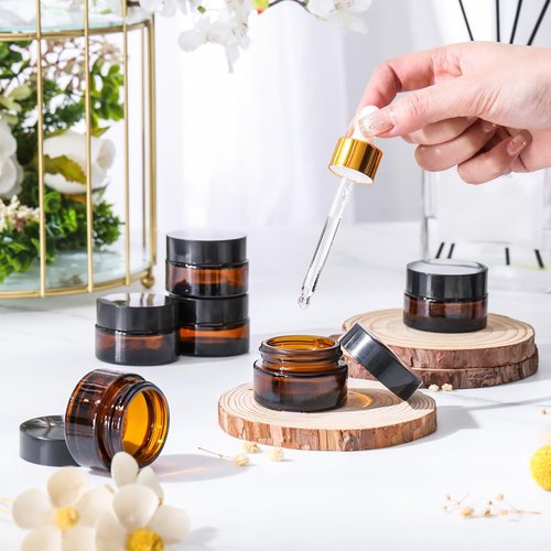 Honeydak 24 Pack 0.7oz Glass Jars with Lids Airtight Cosmetic Containers Reusable Empty Tiny Cosmetic Jars for Lip Balm Lotion Cream Sample Wax Salve Ointments, Travel Size, Light-blocking (Amber)