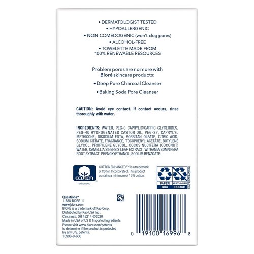Bioré Daily Makeup Removing Cloths - Deep Cleansing Facial Wipes with Dirt-Grabbing Fibers | 60 Count