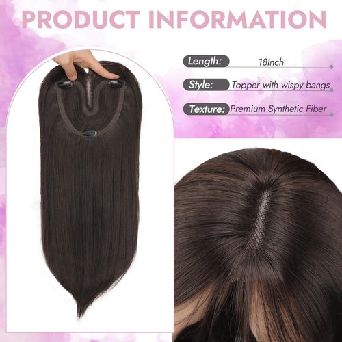 Eawwii Hair Topper for Women Clip in Bangs – 18 Inch Medium Length Straight 360° Full Coverage Dark Brown,Synthetic Natural Looking Piece for Thinning Hair