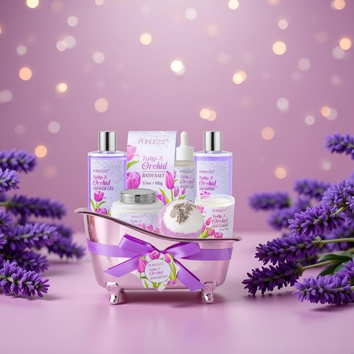 Spa Gift Basket, Mother's Day Gift for Mom - 8 Pcs Tulip scents Bath & Body Gift Set for Women, Spa Gift Kit, Birthday Gifts, Self Care, Pampering Gifts for Her, All Occasion Holiday Present
