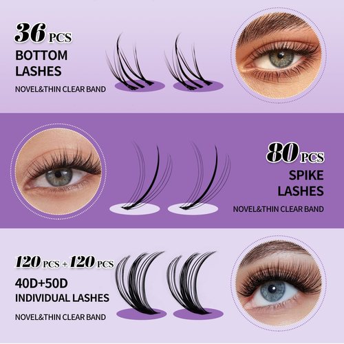 DIY Lash Extension Kit Lash Clusters With Bottom Lashes 20/30/40/50D 12-18mm Multi-types Individual Lashes Bond and Seal, Spike, Nature Volume Lashes Kit Lash Applicator(40/50 Kit)