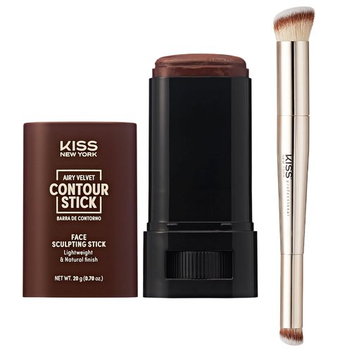 Kiss New York Airy Velvet Contour Stick - Deep 0.70 Oz | Dual-Ended Brush Set for Natural Sculpting