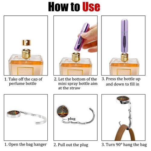 Smtheasy Perfume Atomizer Travel, 5ML Perfume Atomizer Refillables for Refill Portable Cologne Dispenser Small Spray, and 2Pcs Purse Hooks for Tables