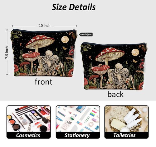 IWXYI Mushroom Skull Makeup Bag,Skeleton Gothic Mushroom Make up Bag Bag with Zipper Pouch for Travel & Toiletry