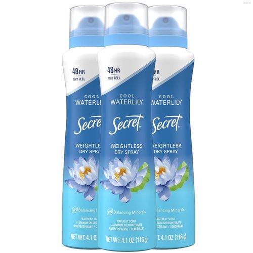 Secret Dry Spray Antiperspirant Deodorant for Women - 48HR Weightless Sweat & Odor Protection | Waterlily & Argan Oil Scent, 4.1 oz (Pack of 3)