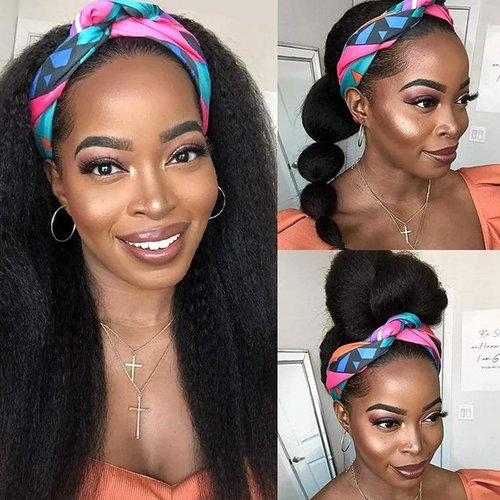 CYIKLI Kinky Straight Headband Wig 16 Inch Human Hair Headband Wigs for Black Women Glueless Yaki Straight Human Hair Headband Wigs Natural Black color