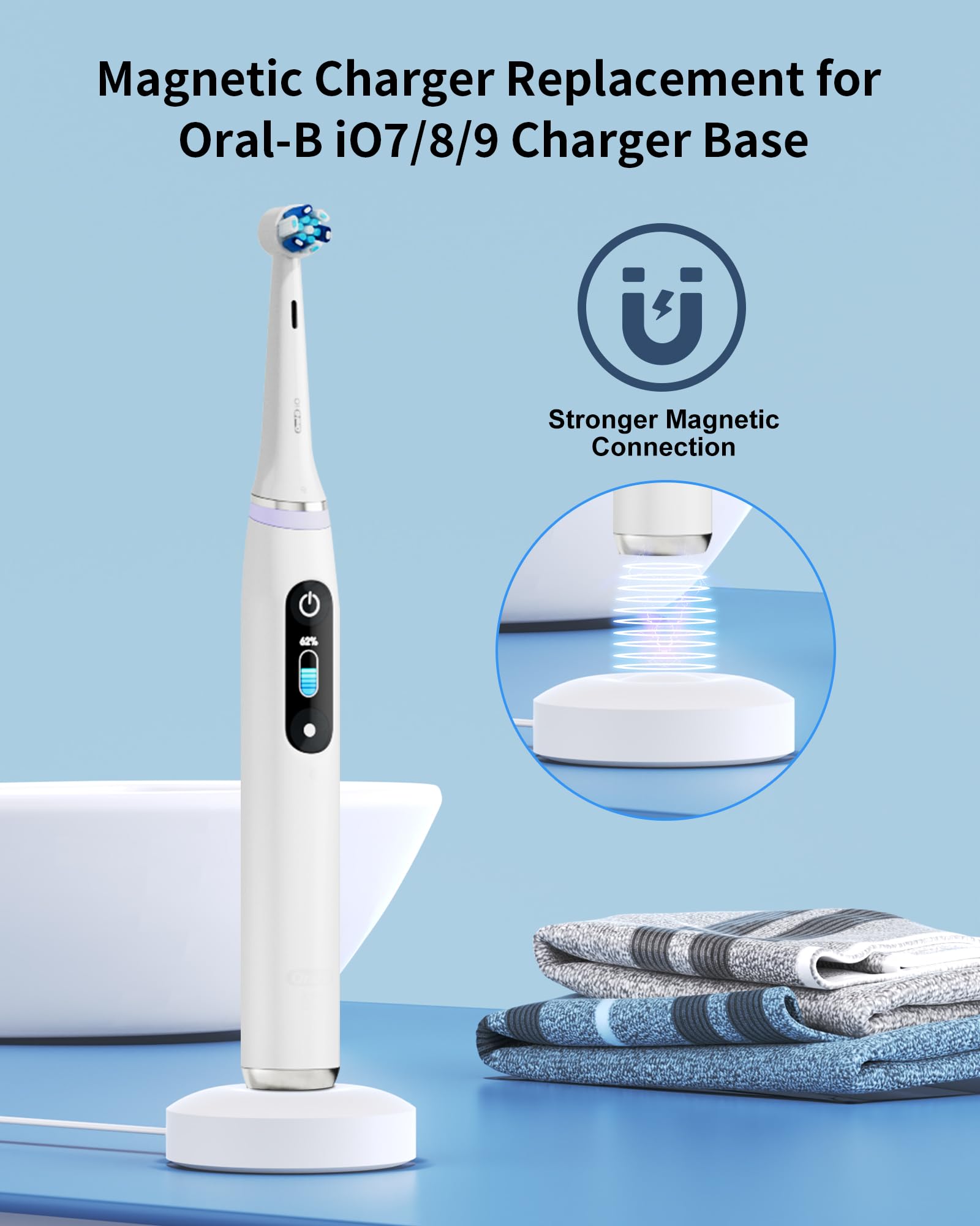 WUKUR Charger for Oral B iO Series Charging Base,Compatible with Oral B iO Electric Toothbrush 7/8/9/10 Series, Magnetic Travel Charger Base Model 3768 Power Cord(White)