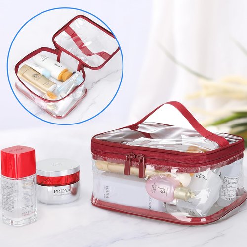 HAOGUAGUA 2 Pieces Clear Makeup Bags Cosmetic Toiletry Bags for Traveling, Waterproof Travel Transparent TSA APPROVED Carry On Airport Airline Compliant Bag (2 PIECES RED)