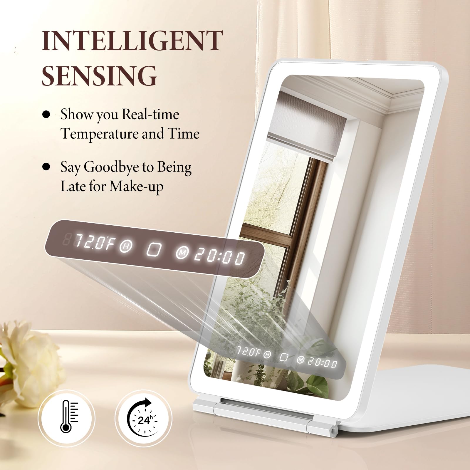 Zemmys Travel Makeup Mirror with Time & Temperature Display, 2000mAh Rechargeable Battery, 7.5" Portable Foldable Lighted Mirror