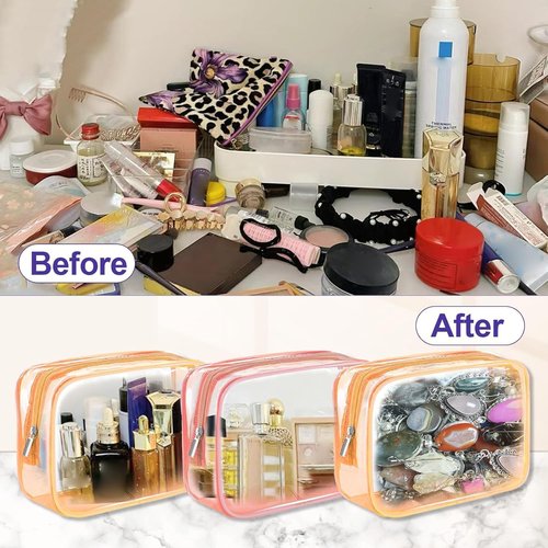 Skiennix Clear Makeup Bag Set - TSA Approved Toiletry Organizer | 4 Small Cosmetic Pouches in Pink, Orange, Green, Blue