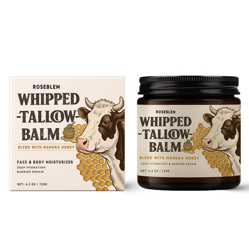 Roseblem Whipped Tallow Balm for Face – 100% Grass-Fed Organic Beef Tallow Cream with Manuka Honey & Beeswax – Body & Face Moisturizer for Sensitive Skin, Nourishing & Repairing, 4.2 oz