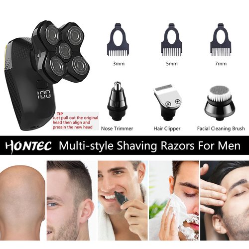 HONTEC Revolutionary Upgrade Bald Men's 4-in-1 Electric Head Shavers Cordless Comfortable IPX7 Waterproof m Wet/Dry Use Equipped with Clippers, Trimmers & Cleansing Rechargeable for Smooth Shave