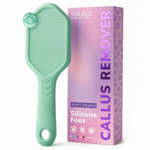 SILKLE Nano Glass Foot File - Silicone Foot Callus Remover for Feet and Cracked Heels - Heel Scraper for Dead Skin - Ergonomic Foot Scrubber & Exfoliator for Shower with Non-Slip Grip - Green