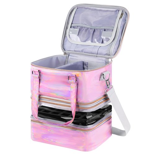 Nail Polish Organizer Case, 3 Layers Removable Nail Polish Storage Bag Holds 60 Bottles and Nail Lamp with Shoulder Strap Portable Holographic PU Leather Nail Kit Storage for Manicure Tools (Pink)