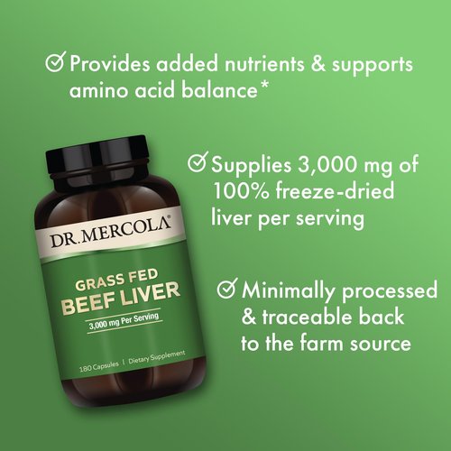 Dr. Mercola Grass Fed Beef Liver - Nutrient-Dense Organ Supplement - Freeze-Dried & Minimally Processed - 3000 mg - Non-GMO - Gluten-Free - 180 Capsules