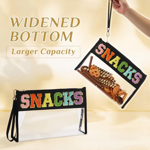 Remerry Clear Chenille Letter Makeup Bag Stand up Snack Bags Preppy Cosmetic Pouch Expandable Clear Travel with Wrist Strap Zipper Portable Multipurpose PVC Nylon for Women Travel(Black,Snack)