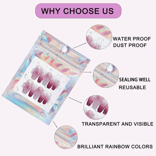 100 PCS Press on Nail Packaging Bag for False Nail Tips Holographic Press On Nail Storage Bag 100 PCS White Card with 2 Roll Transparent Tape for Nail Display Fake Nail Storage Organizer Nail Supplies