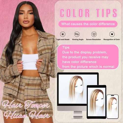 Hair Toppers for Women Real Human Hair 12 Inch 360° Cover Remy Human Hair Topper for Women with Thinning Realistic Scalp Clip in Pieces Straight Hair (Highlight Brown Mixed Blonde, Side Bangs)