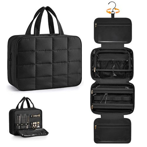 Manuqia Travel Toiletry Bag with Separate Jewelry Organizer, Water-resistant Makeup Bag with Hanging Hook, Large Capacity Travel Organizer for Toiletries, Cosmetic, Vacation Accessories - Medium