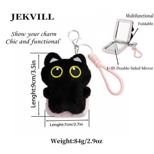 Jekvill Black Cat Keychain Compact Mirror1X/3X Magnifying Mirror Travel Essentials Mirrors Double Sided Foldable Bag Charms Backpack Keychains Handbag Charms Gifts for Women Pink