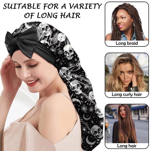 BHAHB Silk Long Satin Hair Braid Bonnet for Sleeping Adjustable Double Layer Elastic Reusable Long Hair Caps Cute Aesthetic for Women Girls-Star