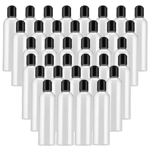 MUKLEI 40 Pack 8 Oz Plastic Bottles with Disc Top Caps, Refillable Clear Travel Squeeze Lotion Bottles Containers with Black Bulk Disc Cap for Shampoo, Body Wash, Creams, Soap