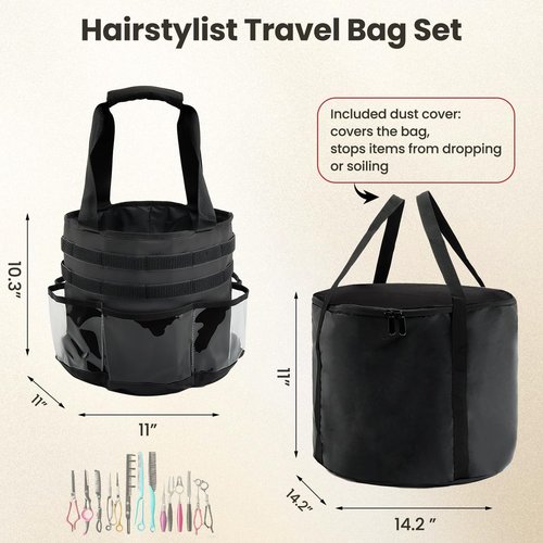 PUMHUBO Hairstylist Travel Bag, with Dust Cover, 11L Large Capacity, Heat-Resistant Interior, Clear Pockets, 24 Hook-and-loop Slots, Top Drawstring, Makeup & Pet Grooming Supplies Organizer
