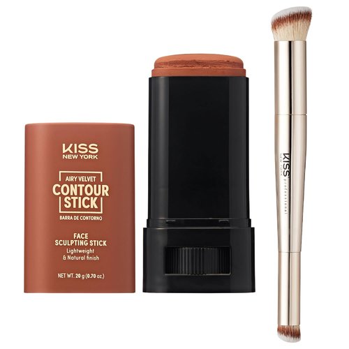 Kiss New York Airy Velvet Contour Stick - Cool Toned Face Sculpting Cream with Dual Ended Brush | Tan Brown 0.70 Oz
