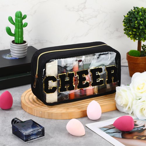 Abbylike Cheer Clear Makeup Letter Bag Cosmetic Zipper Cheers Pouch Chenille Patch Cheerleader Gifts Preppy Cheer Nylon Handmade Toiletry Bags for Women Girls Gifts (1, Black)