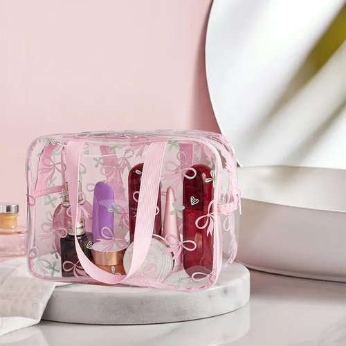 TotePrint Flower Makeup Bag - Clear Printable Vinyl Cosmetic Pouch, Waterproof Small Clear Gift Bags for Travel & Organizer (Pink Bow)