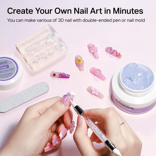 MIZHSE 3D Gel Nail Art Sculpting Gel, 60g Large Capacity Clear Solid Builder Gels for Nails, Non-Sticky Molding Hard Gels for Nail Art Charms, UV LED, with Gold Chrome Powder & Silicone Flower Mold