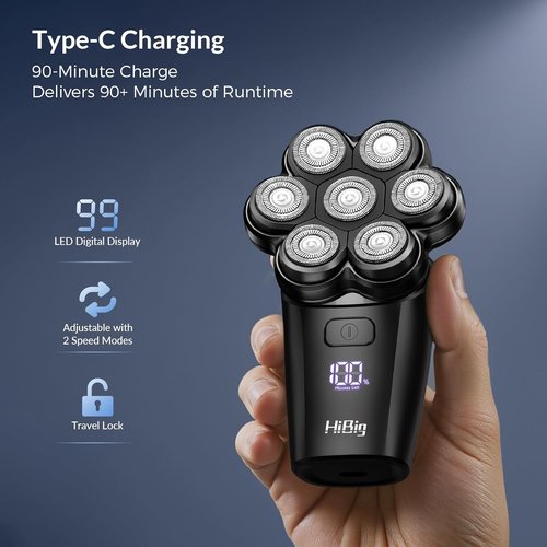 7D Arc Magnetic Head Shaver by [Brand Name] - Waterproof 5-in-1 Electric Razor & Grooming Kit, Black