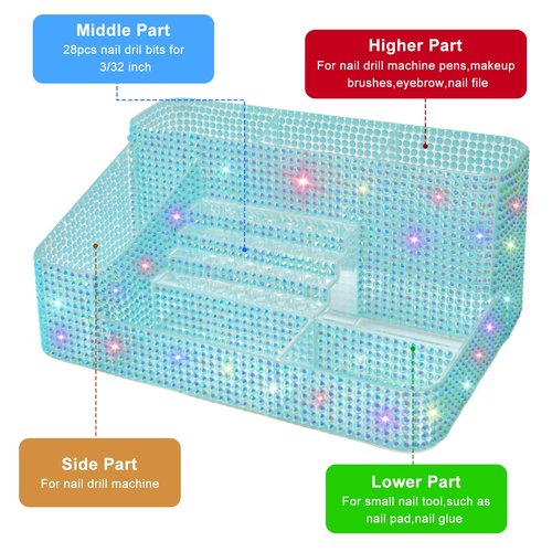 ANRUI Nail Drill Bit Holder, 28 Holes Plastic Nail Drill Machine & Bits Storage Case, Professional Nail Desk Organizer for Manicure Tools Gift for Women and Girls- Diamond Blue