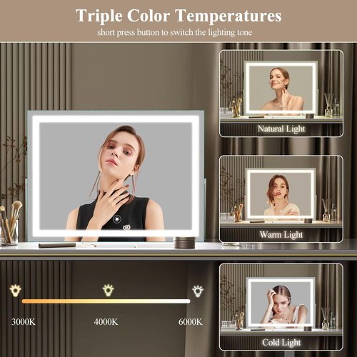 Gvnkvn Vanity Mirror with Lights, 15"× 11" LED Makeup Mirror, Lighted Makeup Mirror with Lights, Smart Touch Control Dimmable 3 Modes Light 360°Rotation Gold