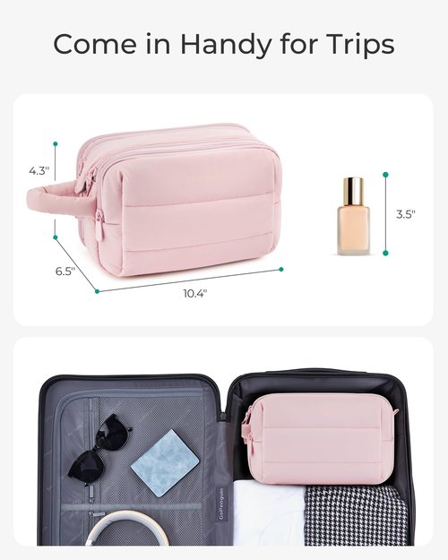 BAGSMART Travel Toiletry Bag for Women, Puffy Cosmetic Makeup Bag Organizer, Large Wide-open Travel Organizer for Toiletries, Dopp Kit Water-resistant Makeup Case for Accessories-Camel