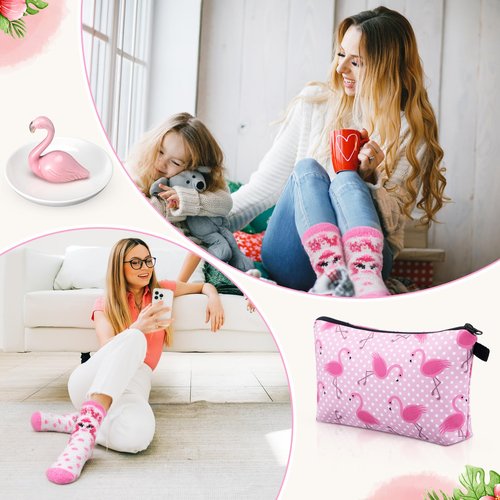 Newtay 3 Pcs Valentines Day Gifts for Women, Ring Holder Makeup Bag Fuzzy Socks with Grippers, Cute Gifts for Holiday(Flamingo)
