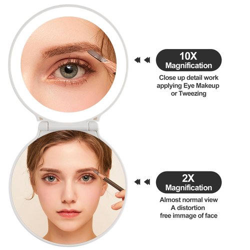 Makefango Compact Makeup Mirror with Lights - 3.5" Portable, 2-Sided, Lightweight & Shatterproof, Folding Magnifying Mirror 2X/10X, Small Gift for Women