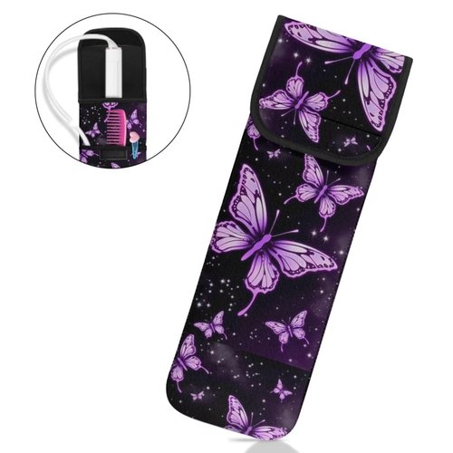 Flashideas Purple Butterfly Flat Iron Case Heat Resistant Neoprene Curling Iron Cover Bag with Pocket Curling Iron Organizers and Storage for Flat Iron, Straightener, Curling Wand/Curling Iron, CZB38