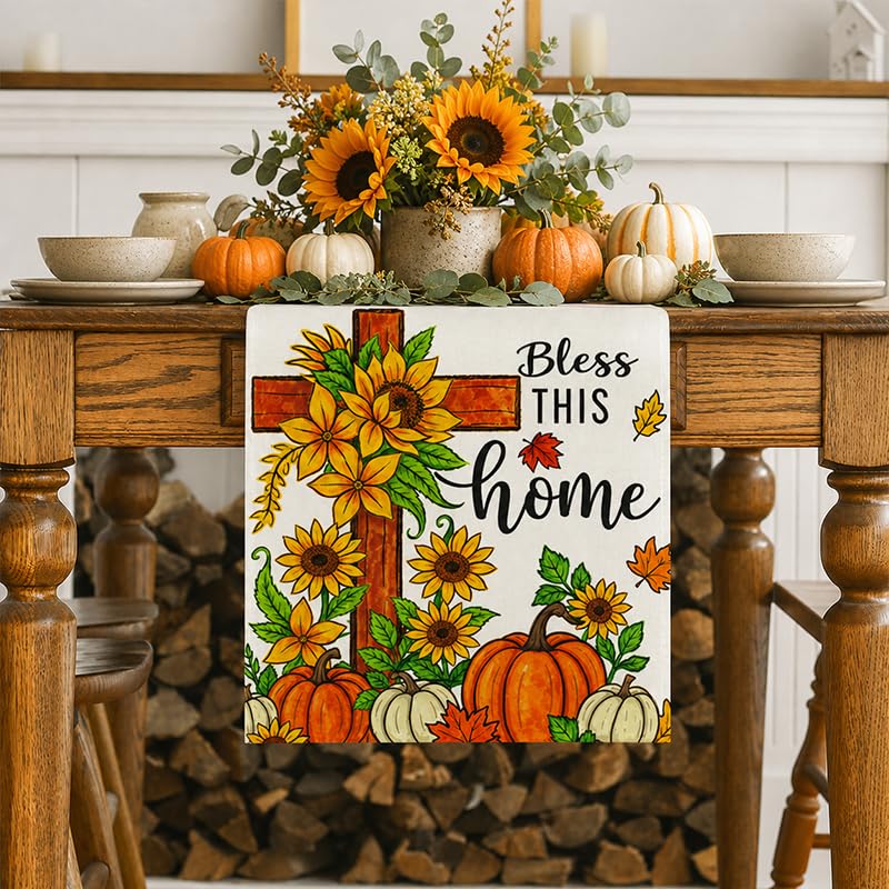 Fall Pumpkin Cross Table Runner 13x72 Inch Autumn Home Decor for Dining