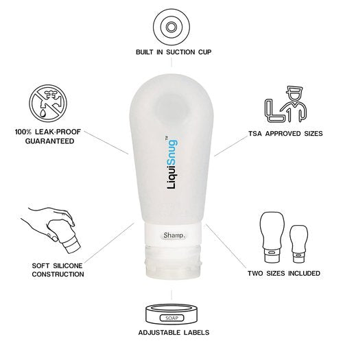 LiquiSnugs Premium Travel Bottles - 100% Leak Proof Silicone Toiletry Containers | TSA Approved with Suction Cups