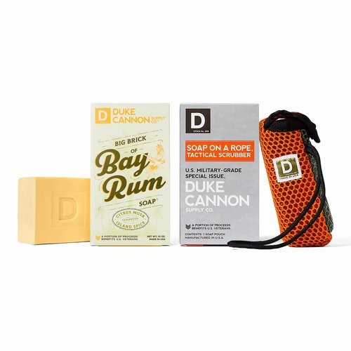 Duke Cannon Big Brick of Soap - Bay Rum Scent + Tactical Scrubber 2 Pack Bundle | 10 oz Triple-Milled Soap Bar with Citrus Musk & Cedarwood | Military-Grade Pouch | For Men