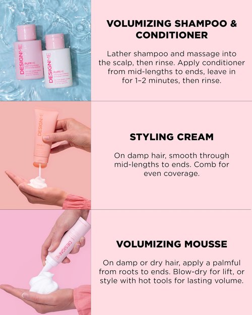 DESIGNME Dream Mane Volume Kit | Holiday Gift| Volumizing Shampoo & Conditioner, Hair Mousse & Styling Cream | Boosts Volume, Body & Fullness, Smooths Frizz & Heat Protection | Color Safe