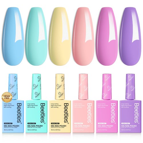 Beetles Pastel Gel Polish - Fairy Tale Dream 6 Colors Hema-Free Gel Polish Set, 15ML Pastel Yellow Pink Blue Purple Nail Colors, with Colorful Bottle Soak off Uv Led Lamp Nails