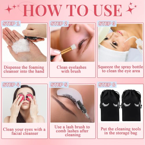 Dansib 60 Pcs Lash Shampoo Brushes Set 10 Lash Shampoo Brushes 10 Mascara Tubes and Wands 10 Foam Pump Bottle 10 Rinse Bottles 10 Makeup Remover Pad 10 Aftercare Drawstring Bag(Black,10 Pcs)