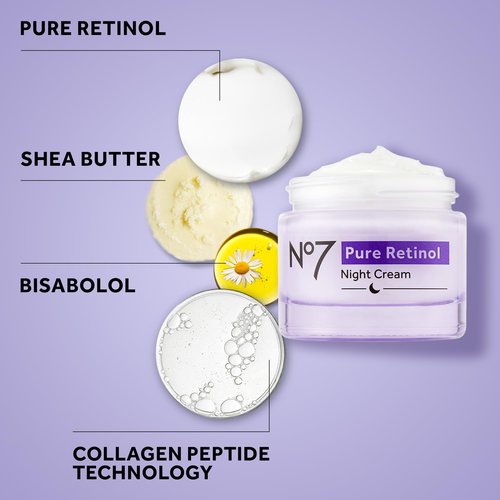 No7 Pure Retinol Night Cream - Collagen-Boosting Retinol Cream that Visibly Smoothes, Plumps & Firms Complexion - Dermatologist Approved & Fragrance-Free (1.69 Fl Oz)