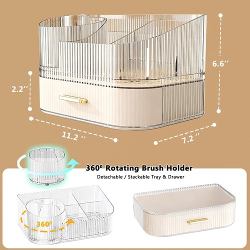 ShinyDew Makeup Organizer Countertop with 360 Rotating Brush Holder, Make Up Organizers For Vanity With Drawer, Bathroom Countertop Skincare Organizer And Storage