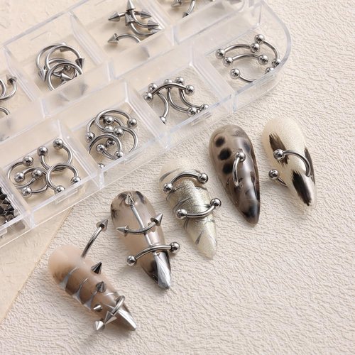 3D Punk Alloy Nail Art Dangle Charms with Piercing Tool Hand Drill, Silver Cone Spike Studs Hanging Rings Metallic Nail Jewelry Rivets Pierced Art Supplies for Tips, Acrylic, Gels Decorations