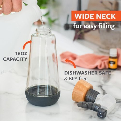 Full Circle | Refillable Glass Spray Bottle - Versatile Stream & Mist Options, 16oz Gray, 3 Pack - Eco-Friendly Cleaning & Plant Care